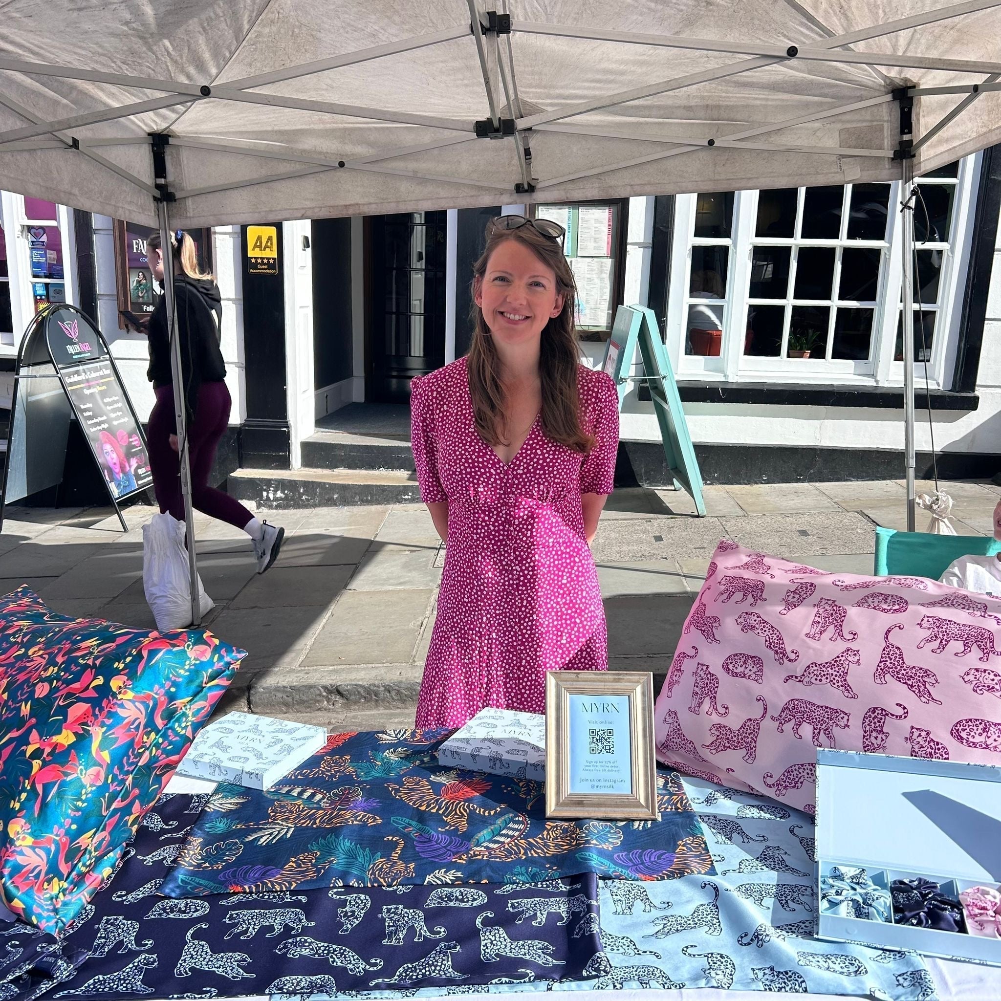 Anna, co-creator of MYRN Silk hosting a Pop Up Shopping Event for MYRN Silk in Guildford High Street