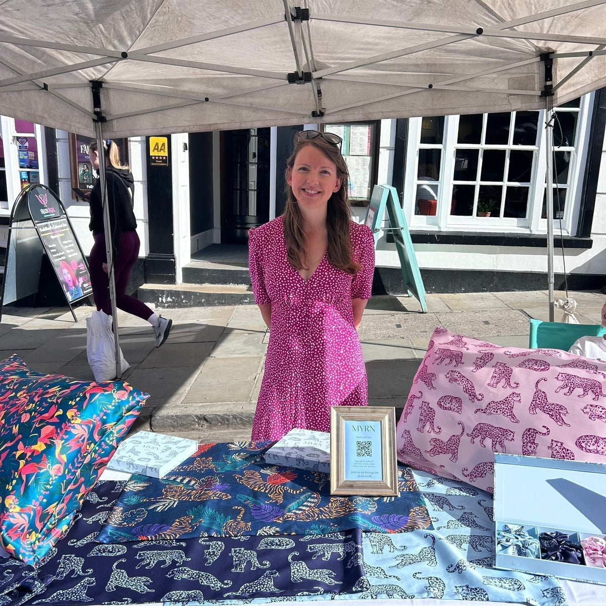 Anna, co-creator of MYRN Silk hosting a Pop Up Shopping Event for MYRN Silk in Guildford High Street