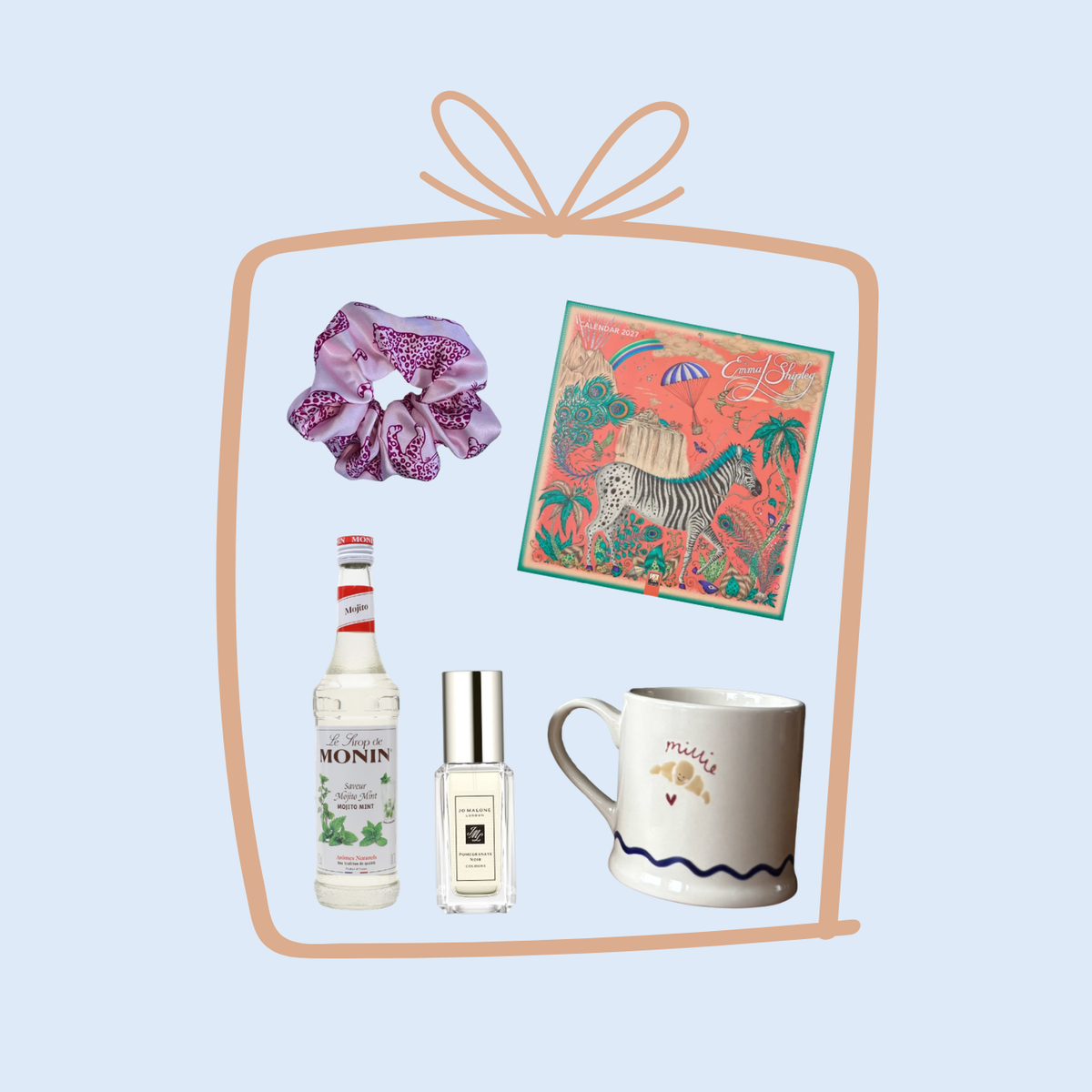 5 small gift ideas on a blue background with a present icon