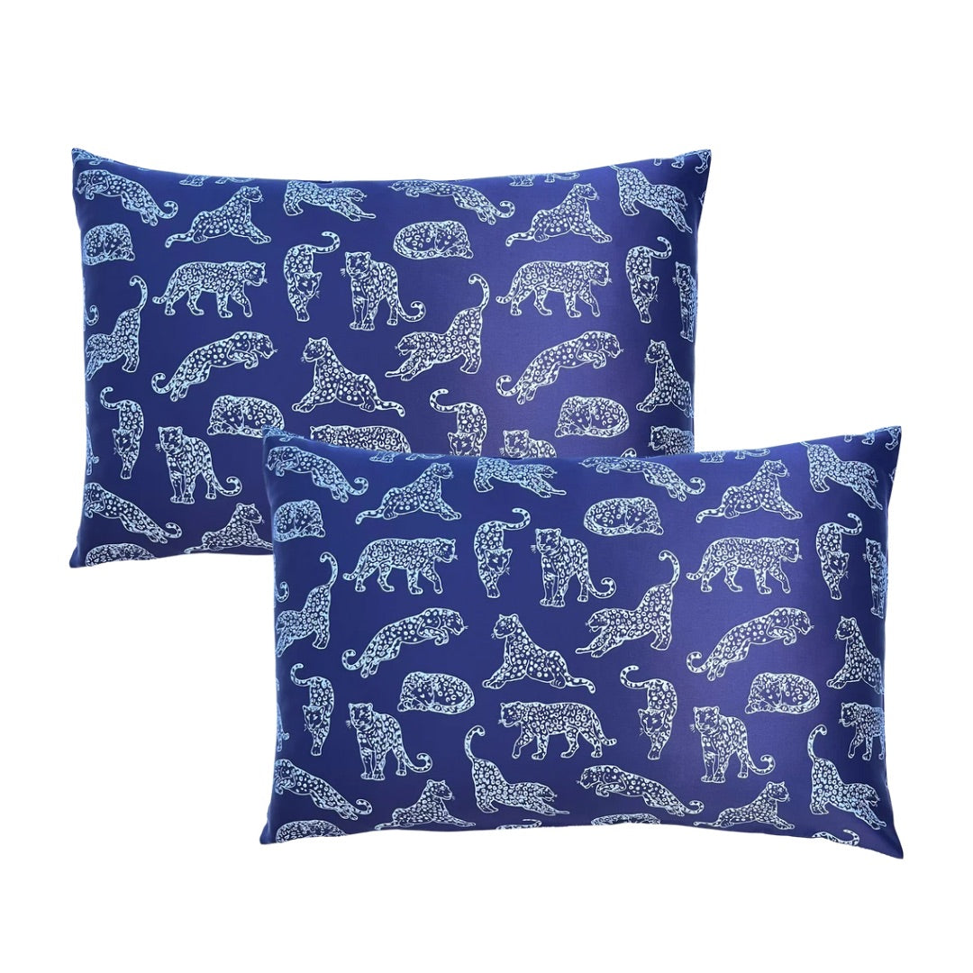 Navy Blue Leopard Pure Mulberry Silk Pillowcase Pair