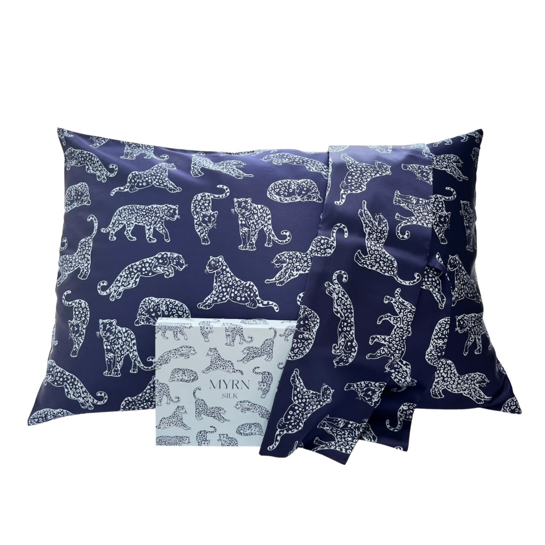 Navy Blue Leopard Pure Mulberry Silk Pillowcase Pair