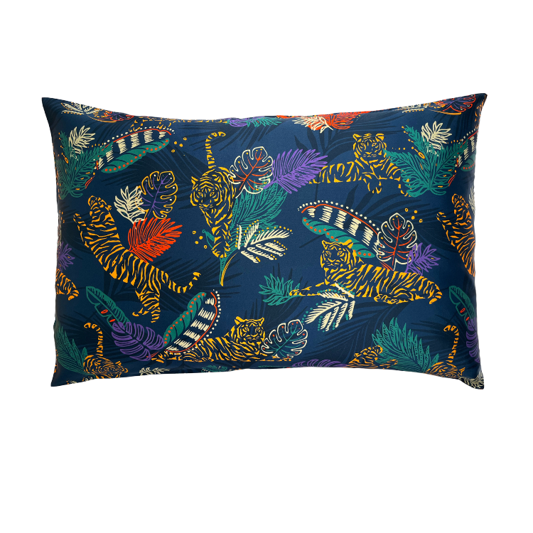 Tiger print silk pillowcase on a white background