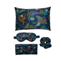 Tiger print silk pillowcase, silk eye mask and scrunchie on a white background