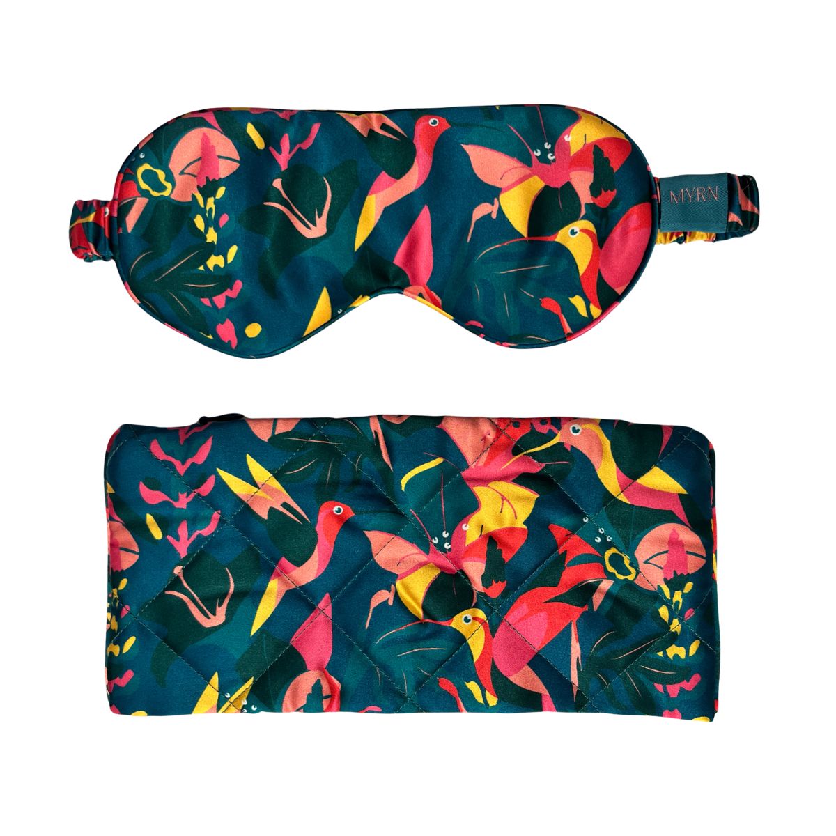MYRN Silk floral hummingbird print silk eye mask and a matching silk travel case on a white background.