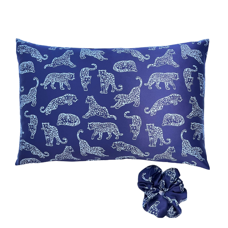 Dark Blue leopard printed silk pillowcase on a white background