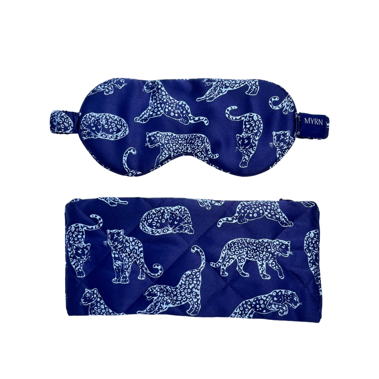 MYRN Silk dark blue leopard printed eye mask and silk travel case on a white background