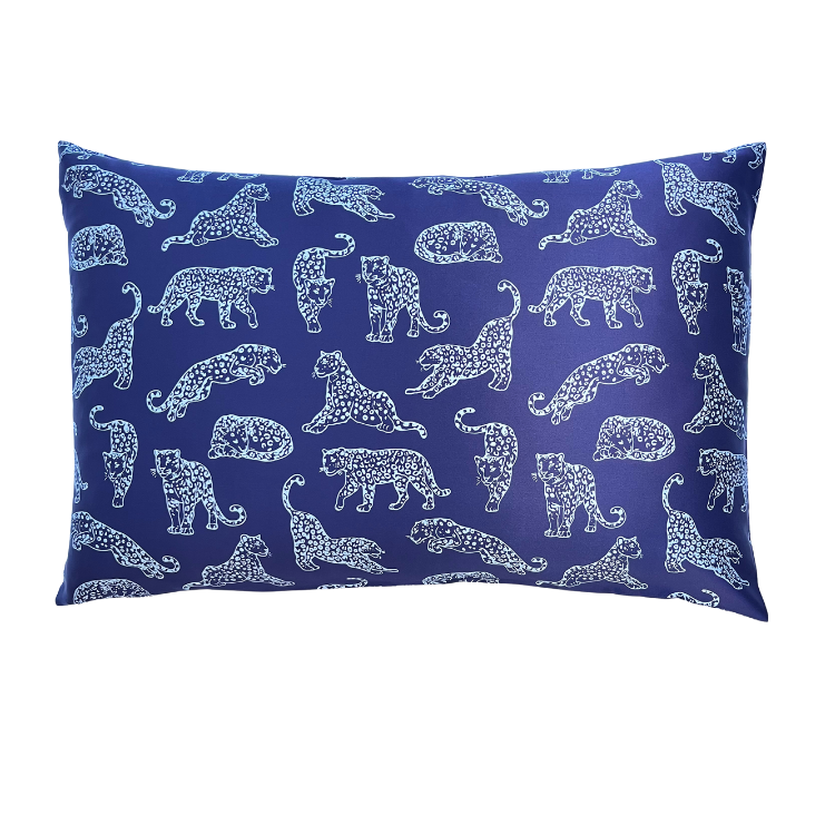 Light blue leopard printed silk pillowcase on a white background