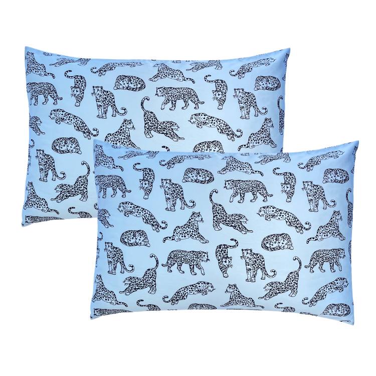 Light Blue Leopard Pure Mulberry Silk Pillowcase Pair