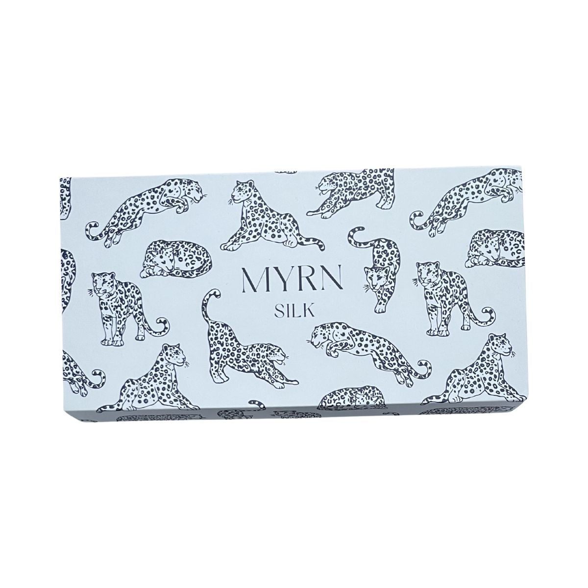 MYRN Silk light blue leopard print branded eye mask box on a white background.