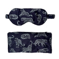 MYRN Silk navy leopard print silk eye mask and a matching silk travel case on a white background.