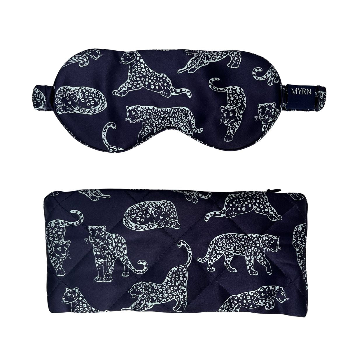 MYRN Silk navy leopard print silk eye mask and a matching silk travel case on a white background.