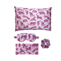 MYRN Silk pink leopard print silk pillowcase on a white background with a matching large silk scrunchie and silk eye mask, with travel case.