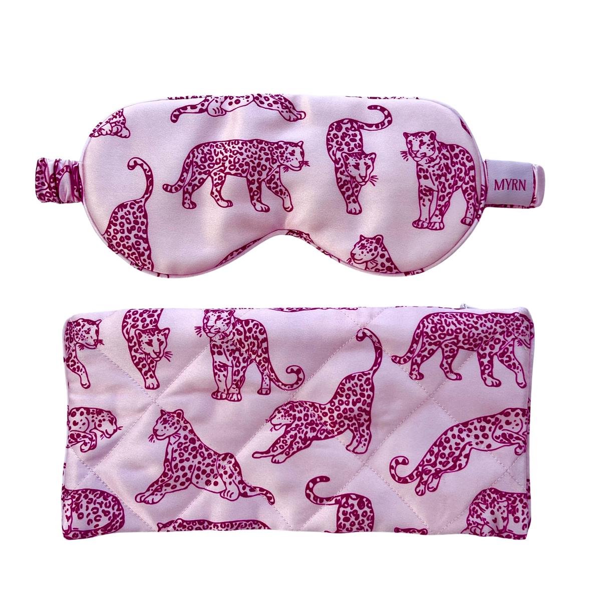 MYRN Silk pink leopard print silk eye mask with a matching zipped travel case on a white background