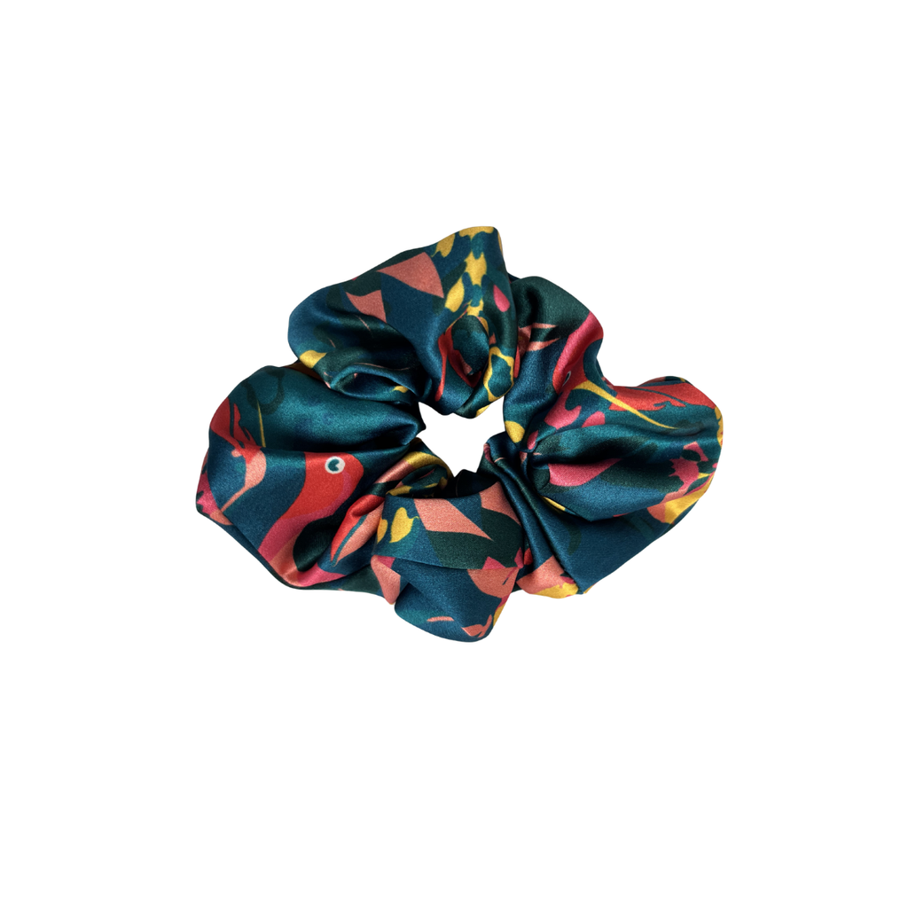 MYRN Silk floral hummingbird large silk scrunchie on a white background.