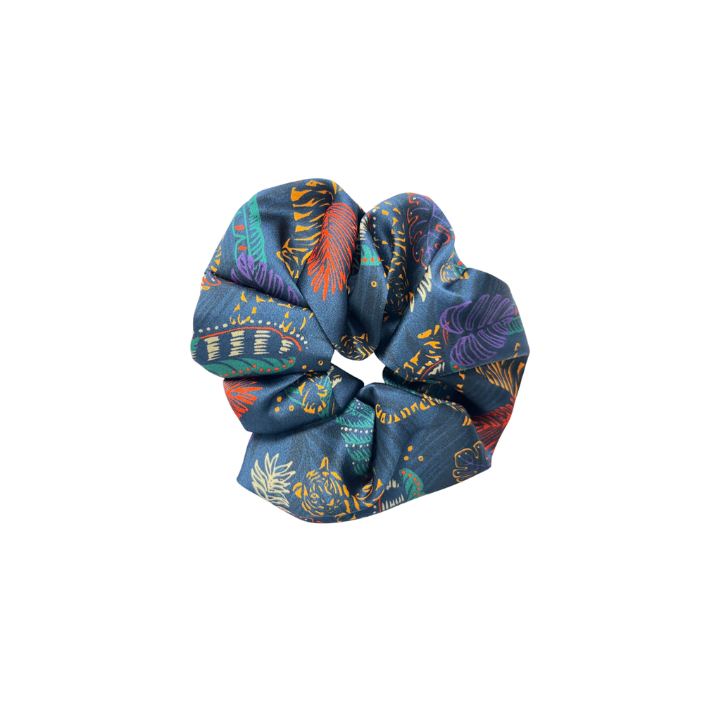 MYRN Silk tiger print large silk scrunchie on a white background.