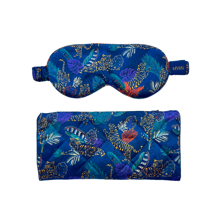Tropical Tiger silk eye mask and matching travel case on a white background