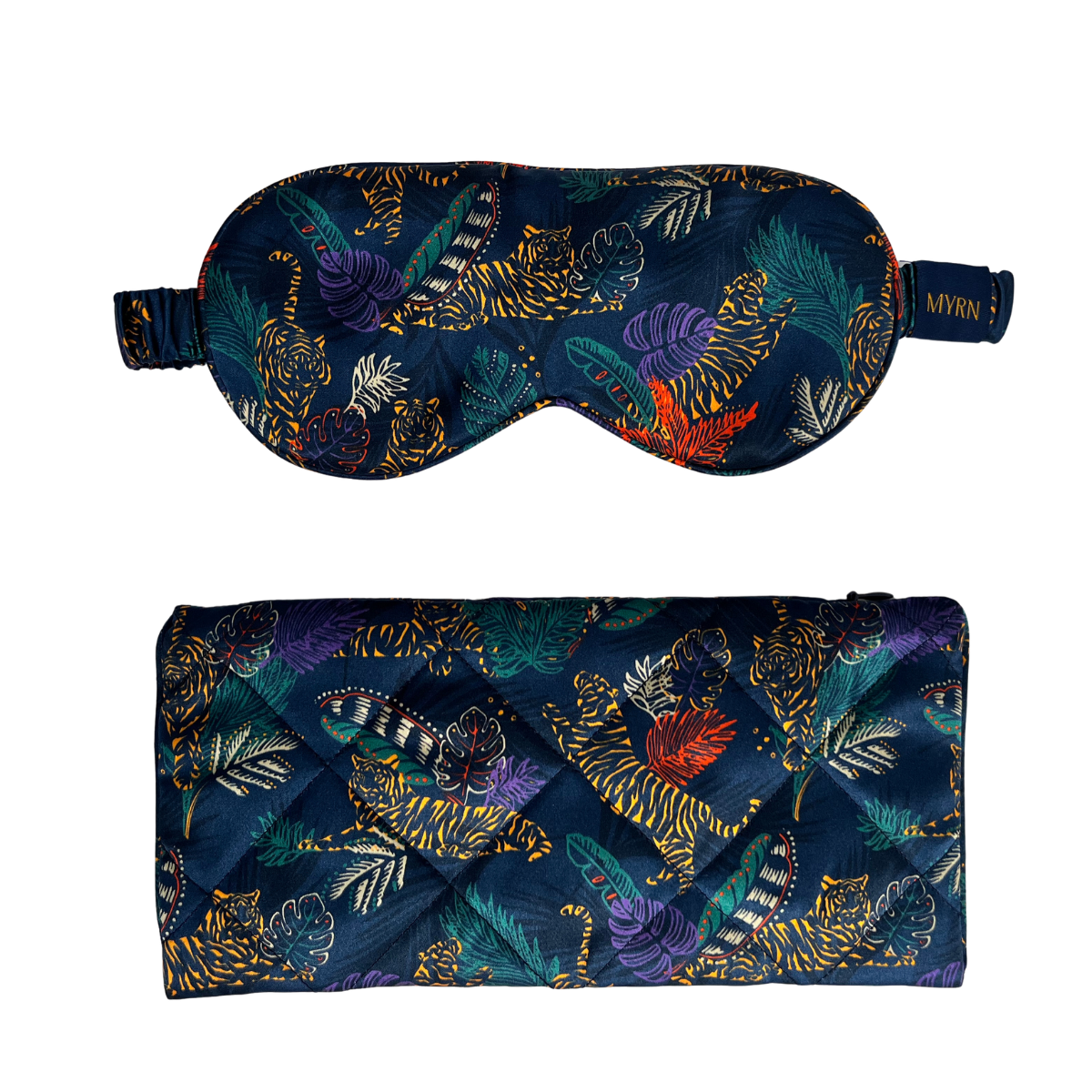 MYRN Silk tiger print silk eye mask and matching travel case on a white background.